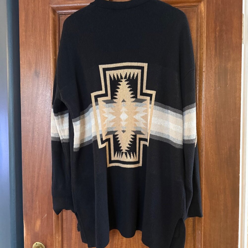 Pendleton Black Sweater Cardigan with Tan and Cream Geometric Panel - Picture 4 of 10